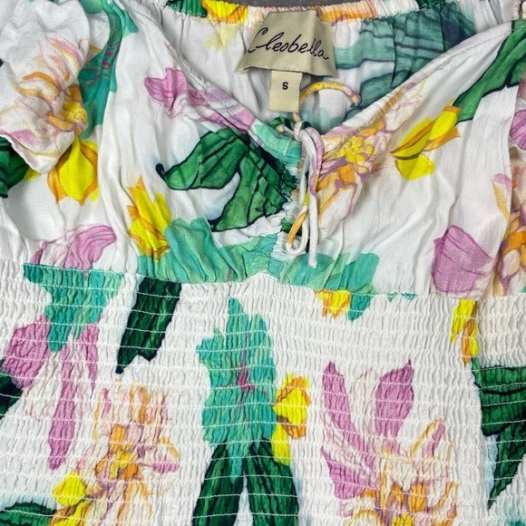 Cleobella Dress Womens Small Tropical Floral Leafy Smocked Beachy Vacation Boho - Picture 8 of 15